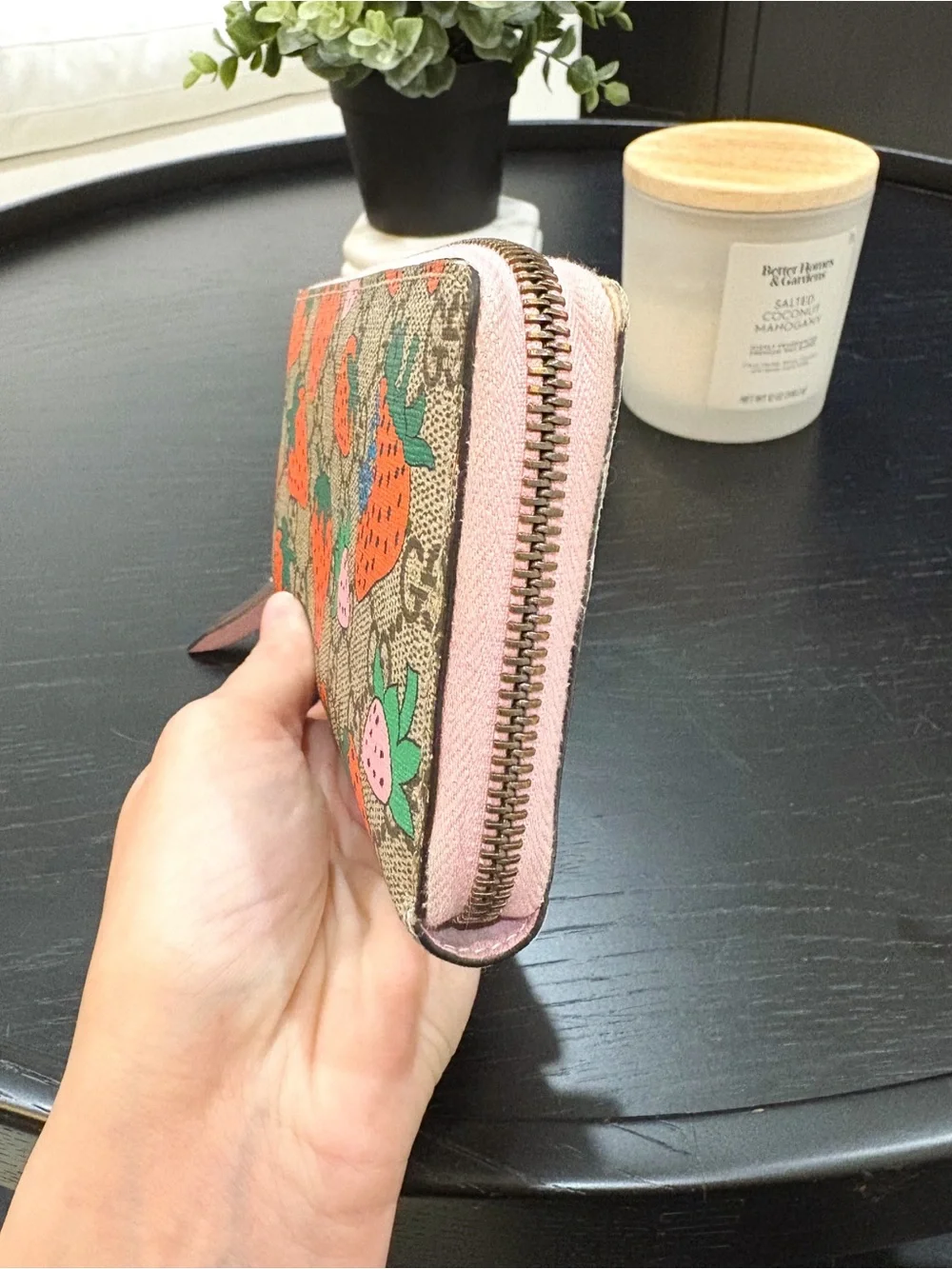 Gucci GG Supreme Monogram Strawberry Zip Around Wallet Light Pink